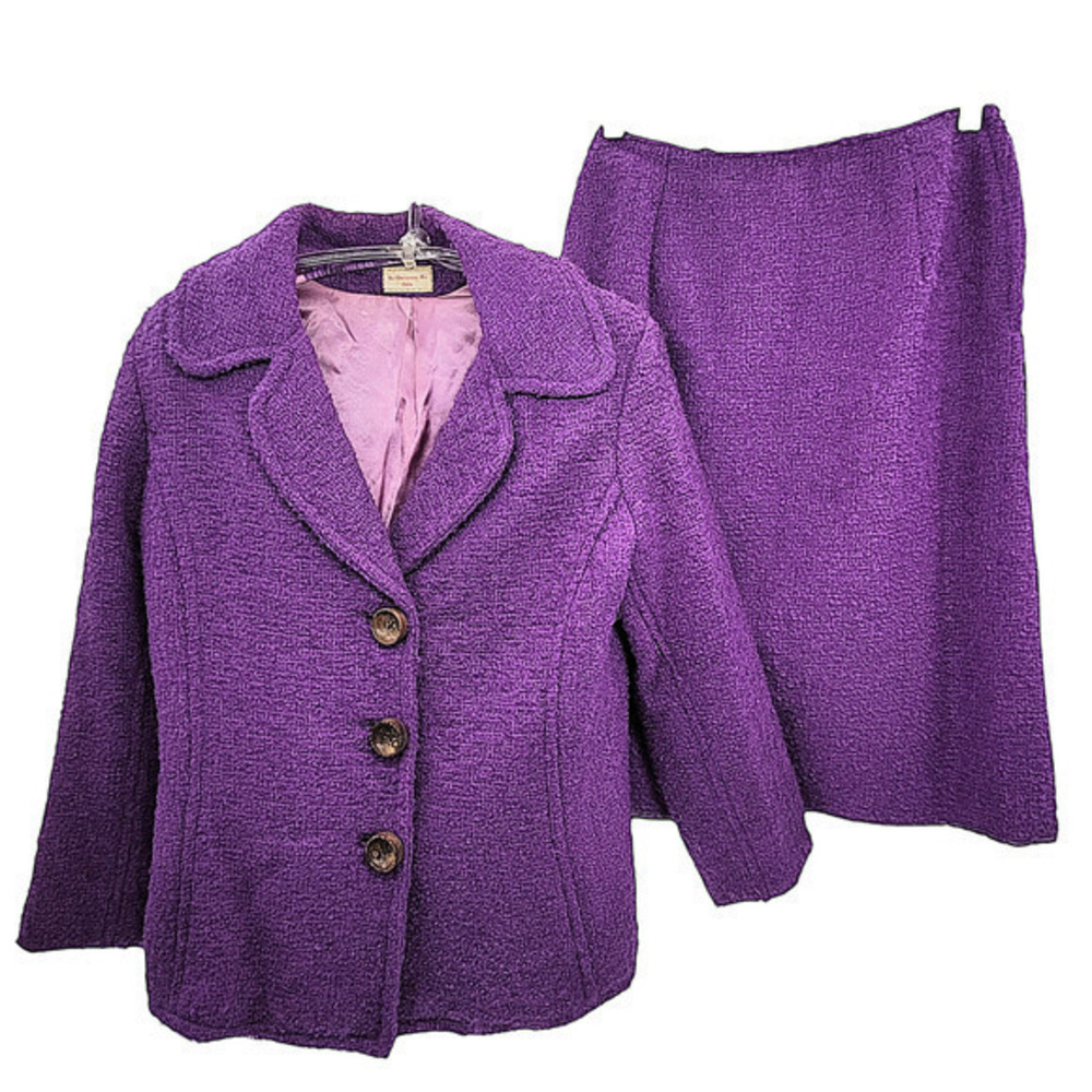 Vintage 70s Clelia Purple Boucle Wood Button Jacket Midi Straight Skirt Set Suit - Picture 1 of 17